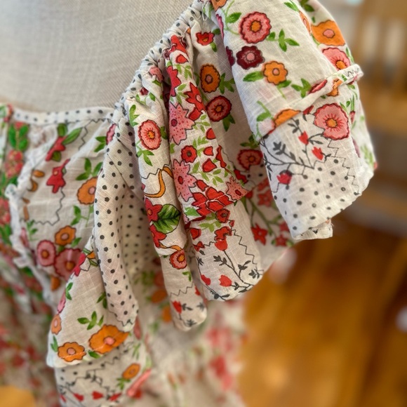 Gipsy Queen white pink green embroidered floral ruffle trim bohemian crop top - Picture 3 of 9